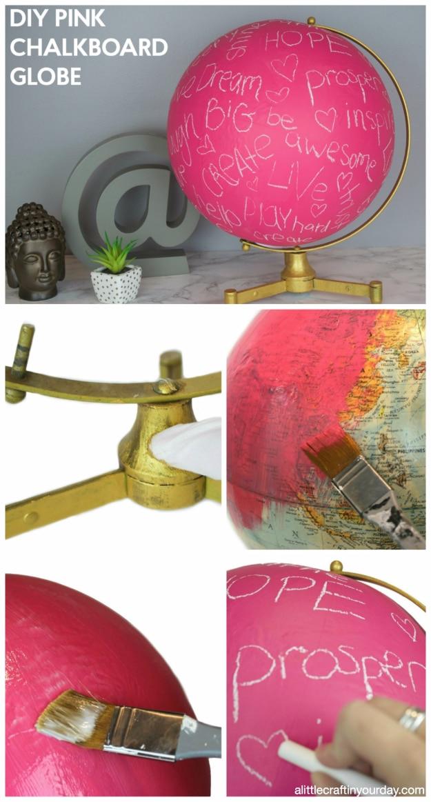 DIY pink chalkboard globe, a hot pink globe covered in handwritten chalk words on a gold stand, above four step photos