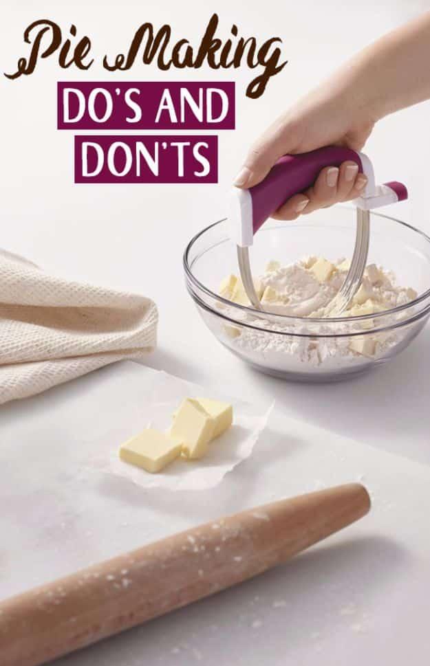 Cubes of butter and flour in a glass bowl being cut with a pastry blender beside a rolling pin and typeset title