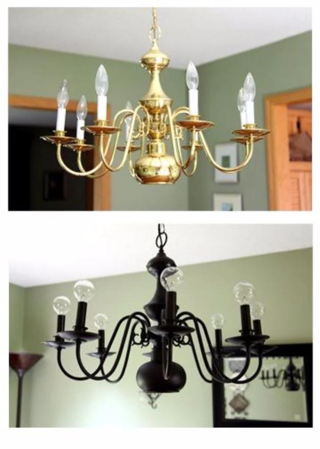 Brass chandelier repainted oil rubbed bronze on a green dining room wall, with the original brass before photo