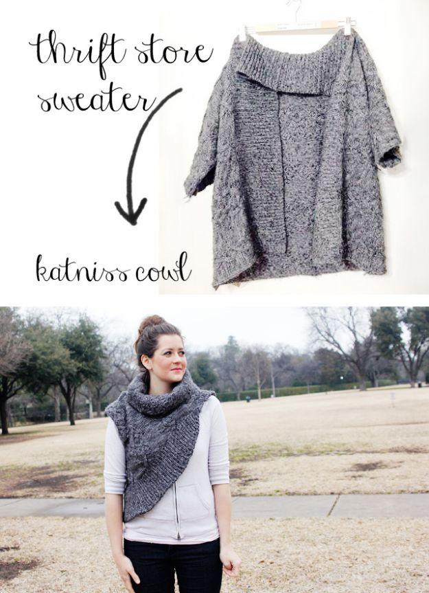 Pin graphic reading thrift store sweater katniss cowl, an oversized grey sweater above a woman wearing the finished grey cowl