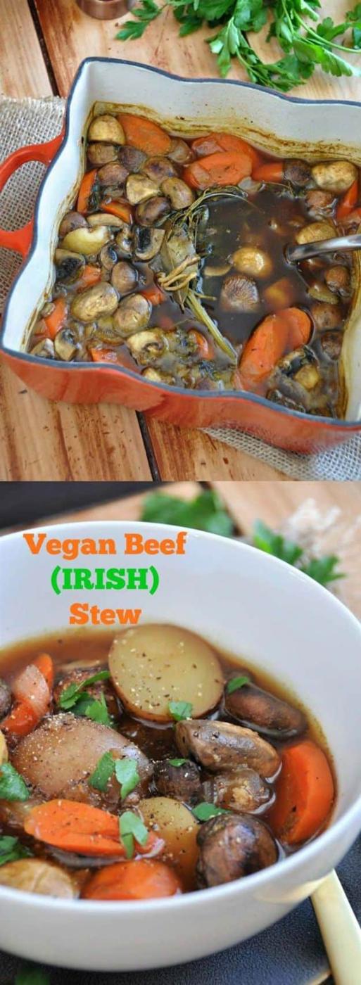 Vegan Irish stew graphic, two images of mushroom, carrot and potato stew in a baking dish and a white bowl