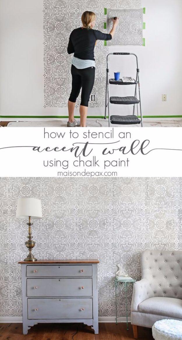 How to stencil an accent wall graphic, a two panel collage of the wall being painted and the finished room