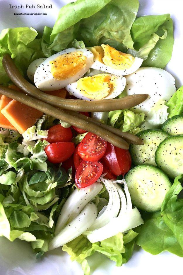 Irish pub salad graphic with butter lettuce, quartered boiled eggs, pickled green beans, cucumber and tomato
