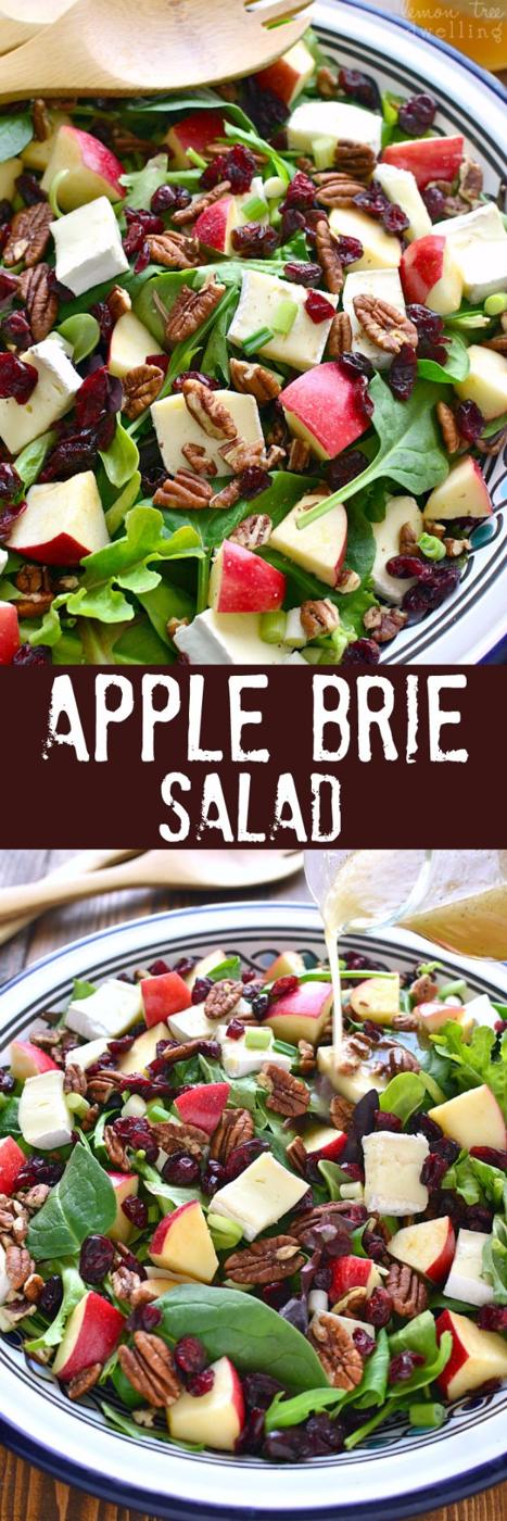 Apple brie salad with cubes of apple, white brie and pecans over mixed greens on a blue rimmed plate