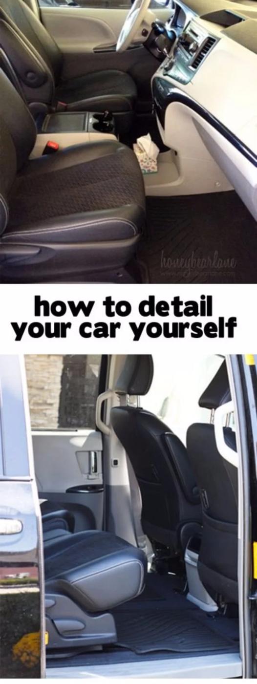 Two panel view of a minivan interior, the dashboard and front seats above and the open sliding door and floor below