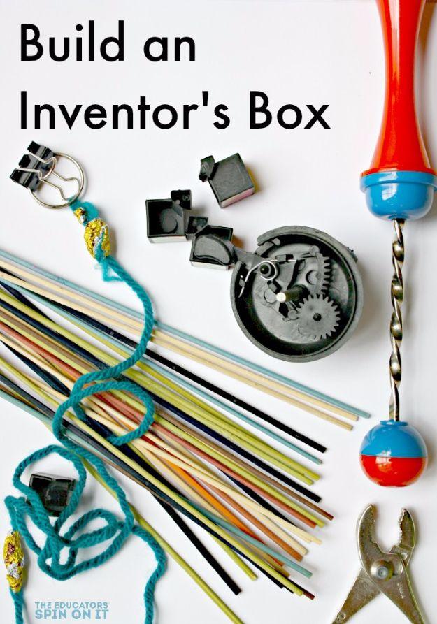 Build an inventor's box, an overhead spread of colored dowels, teal yarn, binder clips, clock gears, a clamp and a pump toy