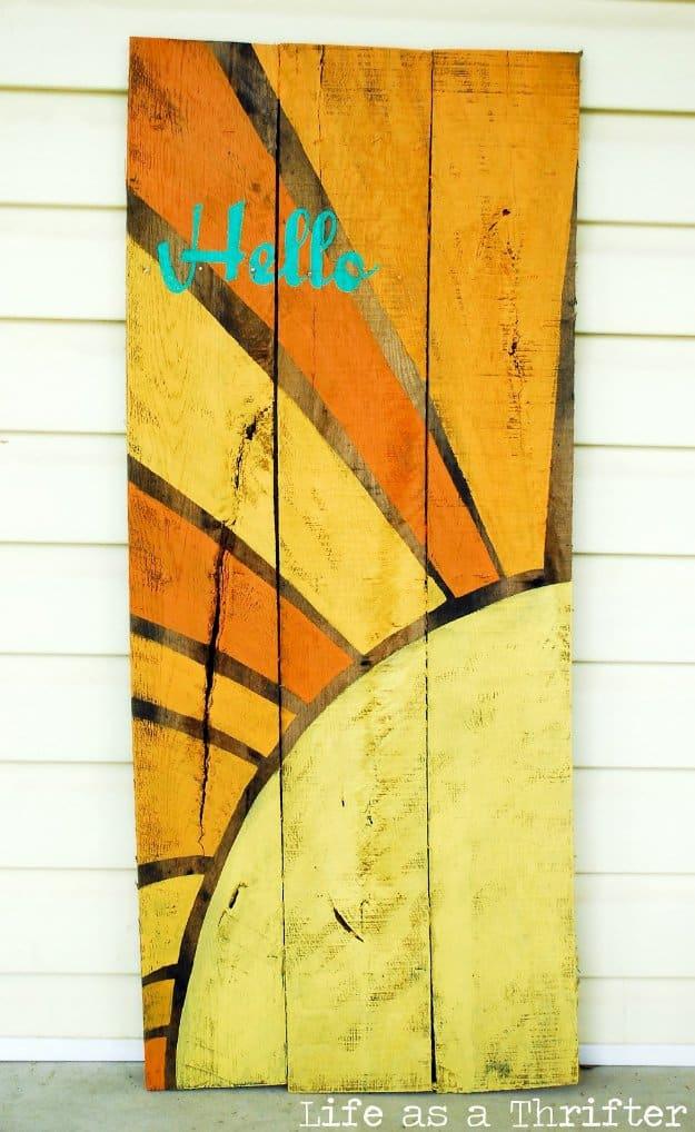 Hello Sunshine Wall Sign, a rustic DIY pallet sign idea for the home and a budget friendly project using an old pallet