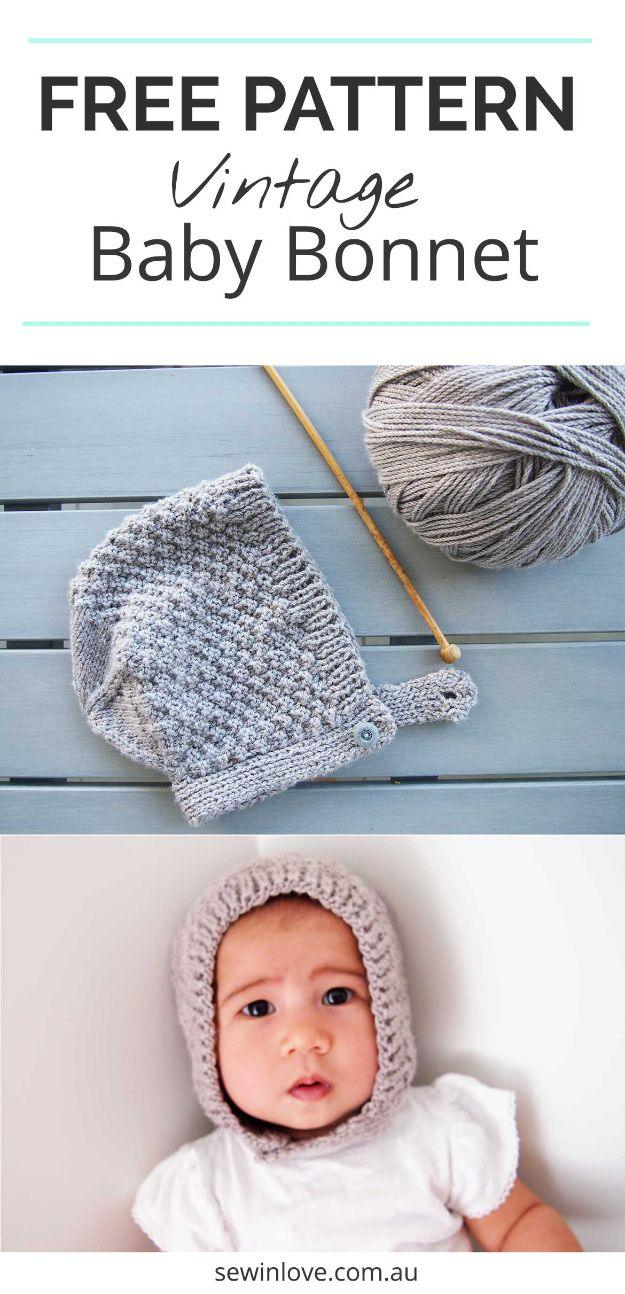 Gray knitted baby bonnet shown flat beside yarn, above a second photo of a baby wearing the finished bonnet