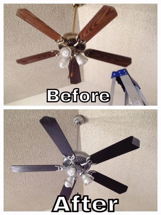 Before and after images of a ceiling fan, dark wood blades above and a repainted metallic finish below
