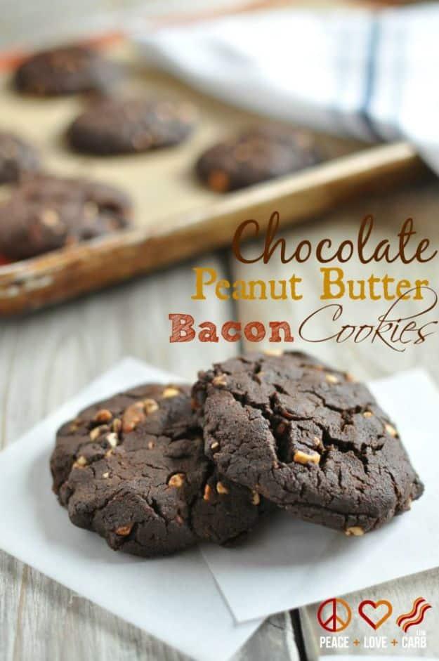 Keto Dessert Recipes - Chocolate Peanut Butter Bacon Cookies - Easy Ketogenic Diet Dessert Recipes and Recipe Ideas - Shakes, Cakes In A Mug, Low Carb Brownies, Gluten Free Cookies