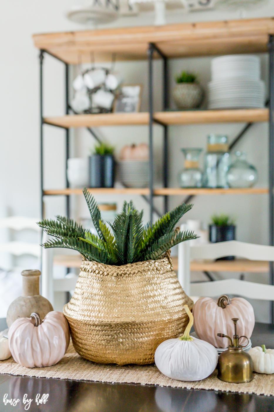 Gold Basket Pumpkin Centerpiece, a popular choice on this list and a favorite thanksgiving centerpiece idea worth copying