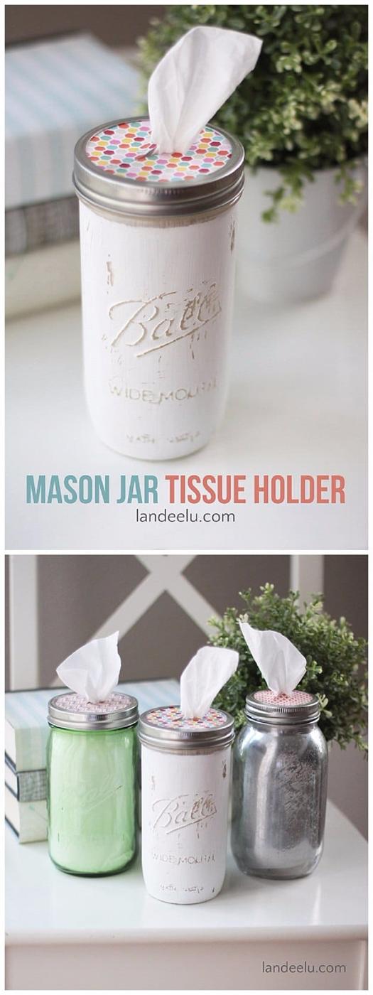 Mason Jar Tissue Holder, quick to put together in one afternoon and a fix that outlasts most store bought options