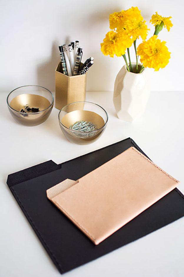 DIY Office Furniture - DIY Leather File Folders - Do It Yourself Home Office Furniture Ideas - Desk Projects, Thrift Store Makeovers, Chairs, Office File Cabinets and Organization
