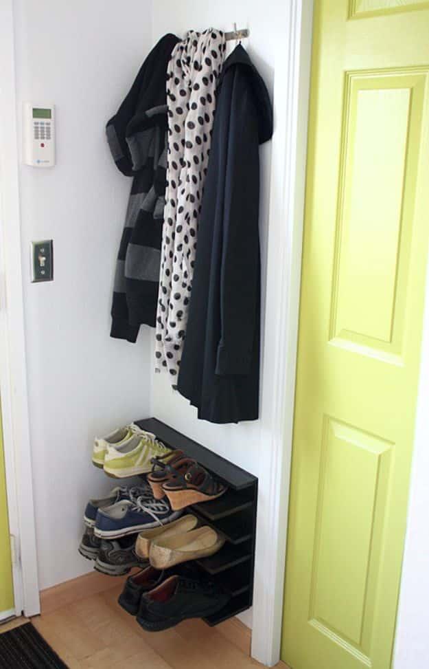 DIY Shoe Rack for Tight Space, quick enough to finish before nap time and warmth that a plain corner was missing
