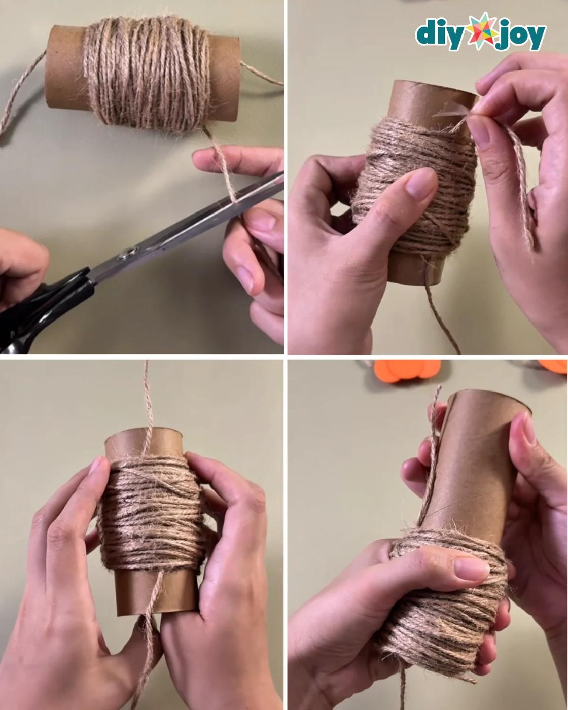 Step 2 of the twine pumpkin tutorial - sliding the tube out of the wrapped twine bundle while keeping the loops together.