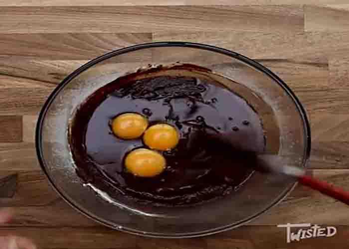 Making the batter of millionaire's shortbread brownies