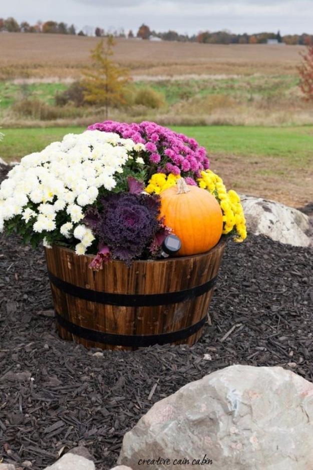 Half whiskey barrel planted with white and magenta mums, purple flowering kale and a small orange pumpkin