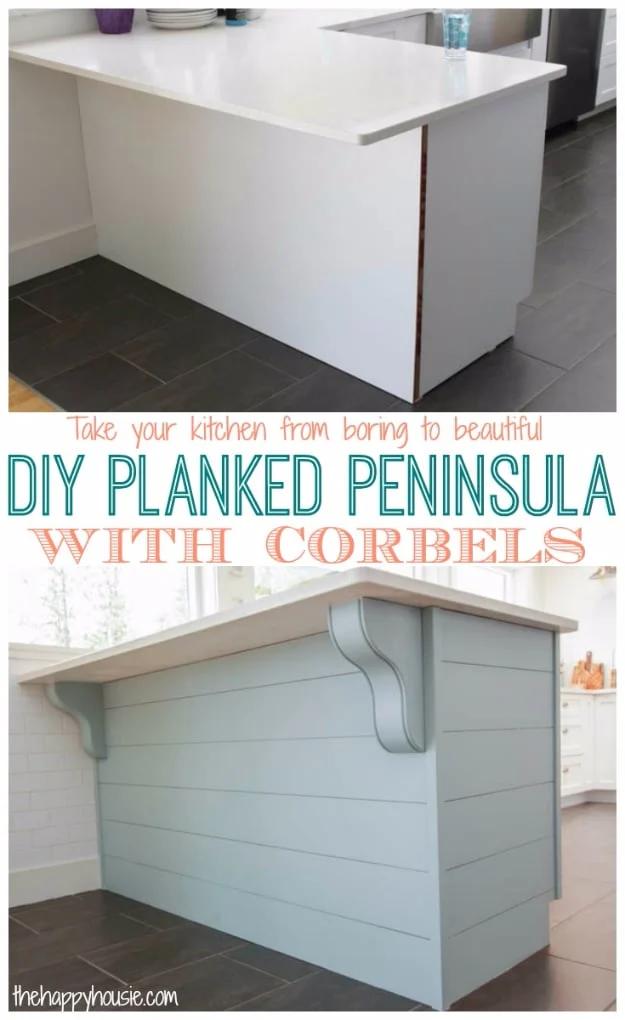 Before and after of a kitchen peninsula, plain white in the top shot and clad in pale blue horizontal planks with two corbels