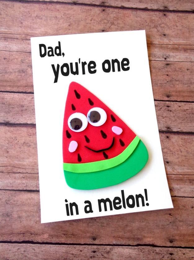 Watermelon Father's Day card in red and green craft foam with googly eyes and the words one in a melon