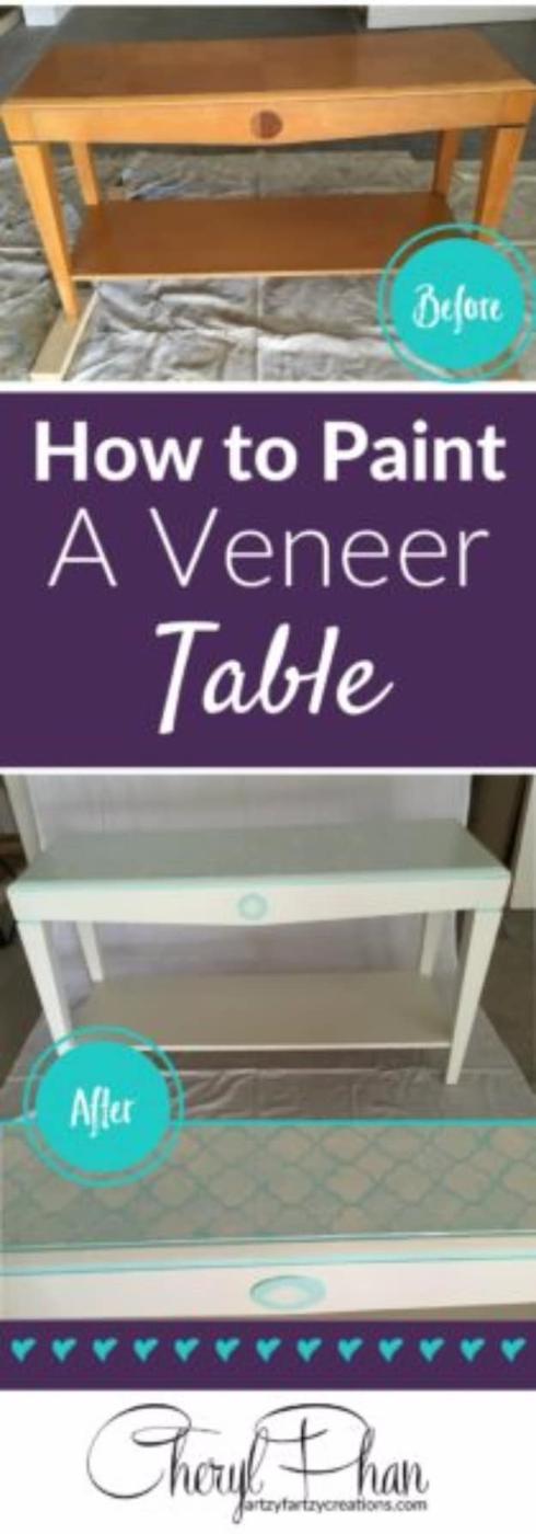 Paint veneers tutorial, a before and after of an orange veneer side table repainted white with a stenciled top