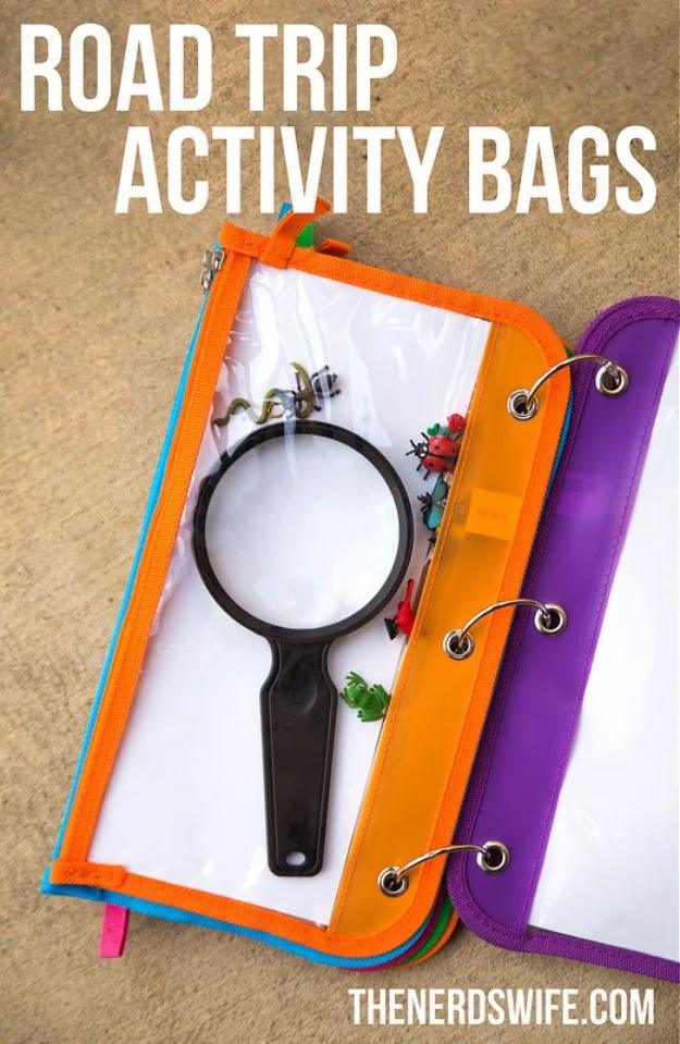Road trip activity bag, clear zipper pouches on a binder ring holding a magnifying glass and small toy bugs
