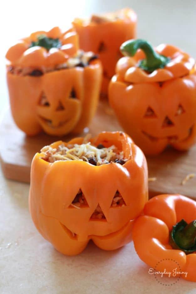 Halloween party food, easy recipe inspiration showing the finished shredded chicken and rice stuffed peppers