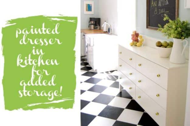 Painted Dresser In Kitchen For Added Storage, one of the smartest IKEA hacks on this list and an idea worth saving for later