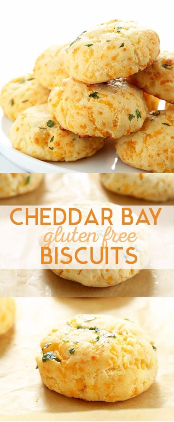 Two panel pin graphic of a stack of cheddar bay biscuits flecked with parsley above one biscuit on parchment