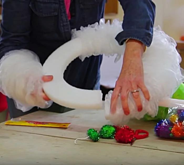 Cheap way to make a DIY Christmas door wreath out of bath scrubbies