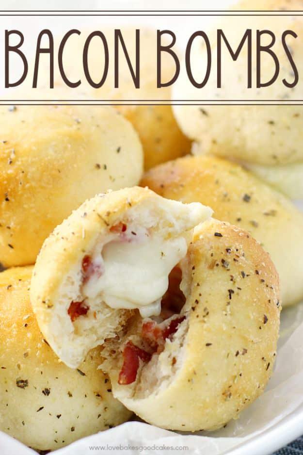 Pin graphic, cream banner above a plate of golden bacon bombs with one torn open showing melted mozzarella