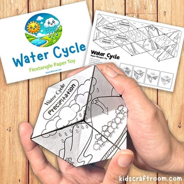 Two hands flipping a paper flextangle toy printed with water cycle drawings beside the printable template on a wood table