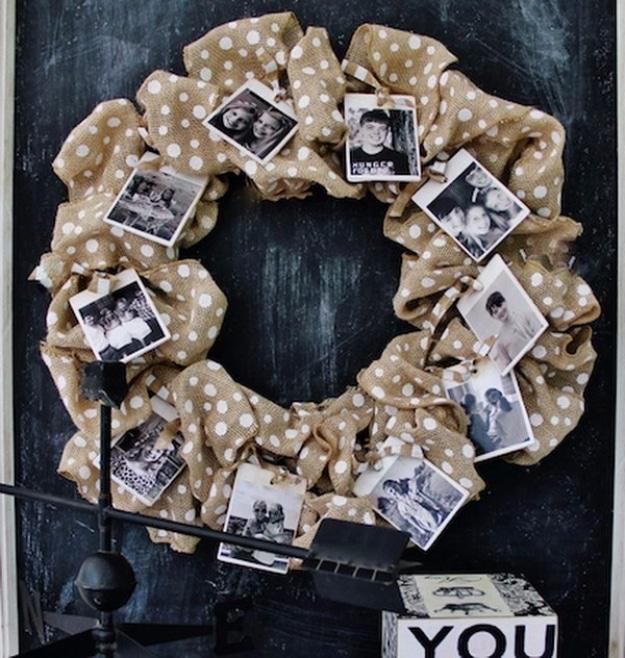 Burlap Photo Wreath, low effort once the supplies are laid out and a look that outshines anything bought ready made