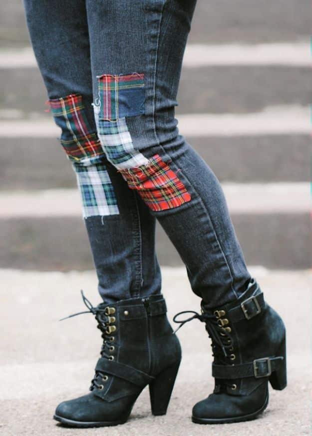 DIY clothes for winter, blue skinny jeans patched at the knees with red and navy plaid flannel, worn with black boots