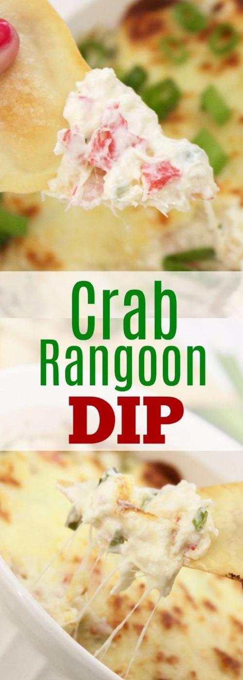 Baked crab rangoon dip bubbling hot in a baking dish served with crisp homemade wonton chips alongside