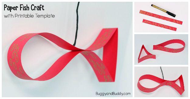 Red paper strip fish with a looped body and tail beside a three panel step by step collage showing the strips being folded