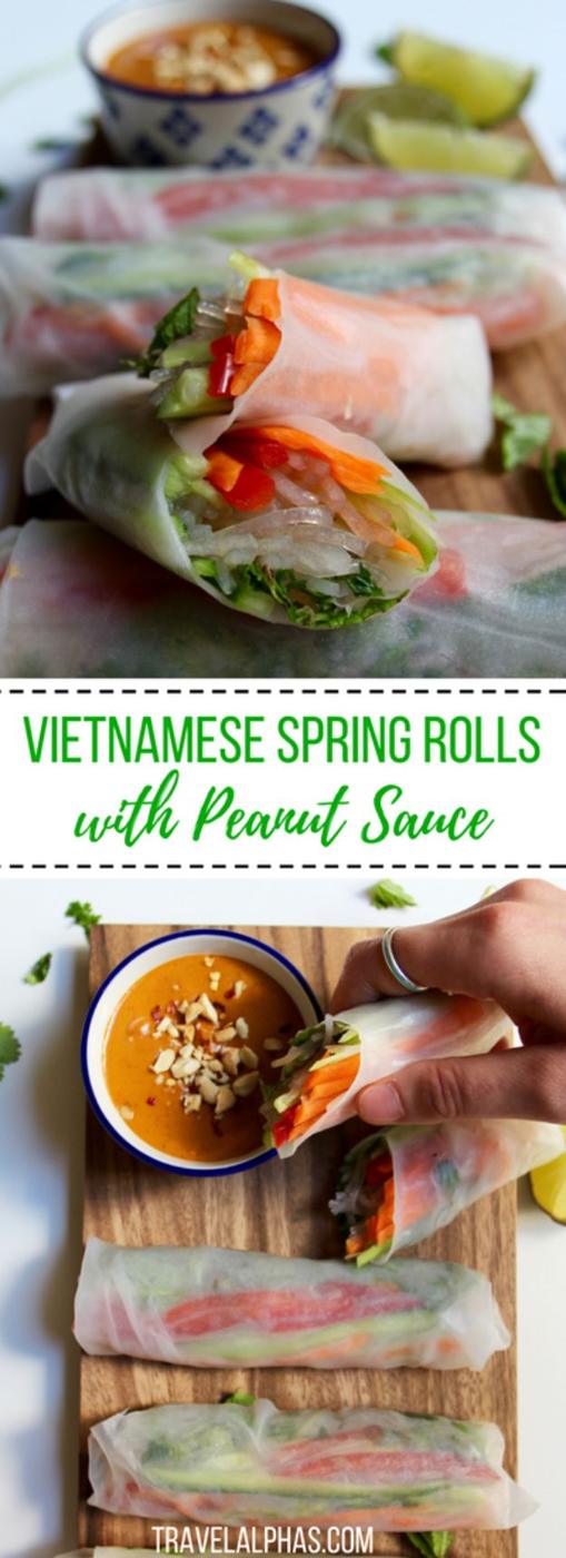 Vietnamese spring rolls in rice paper filled with vegetables and herbs, with peanut sauce, gluten free
