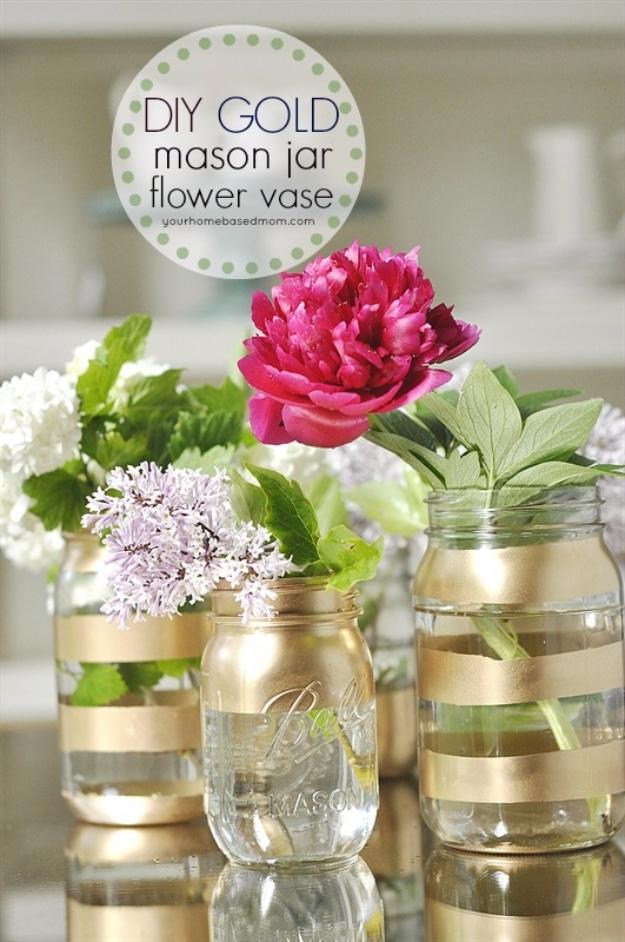 DIY Gold Mason Jar Flower Vases, an upcycled glass accent, cheap to pull off with items from a bargain aisle
