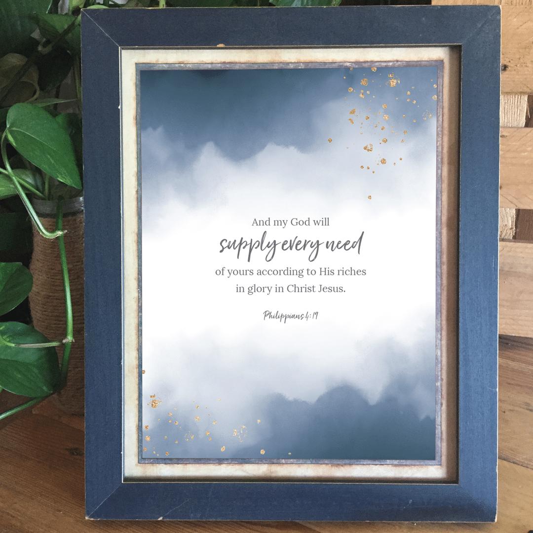 Free printable Bible verses, a verse printed over a soft blue watercolor wash with gold flecks in a distressed navy wood