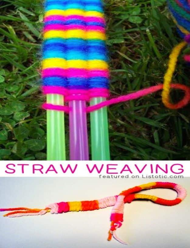 Rainbow yarn woven on green drinking straws in grass, above a finished woven yarn bracelet, under a typeset title