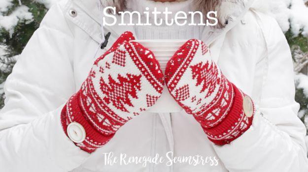 Pin graphic reading Smittens, two hands in red and white Nordic mittens holding a white cup against a white coat