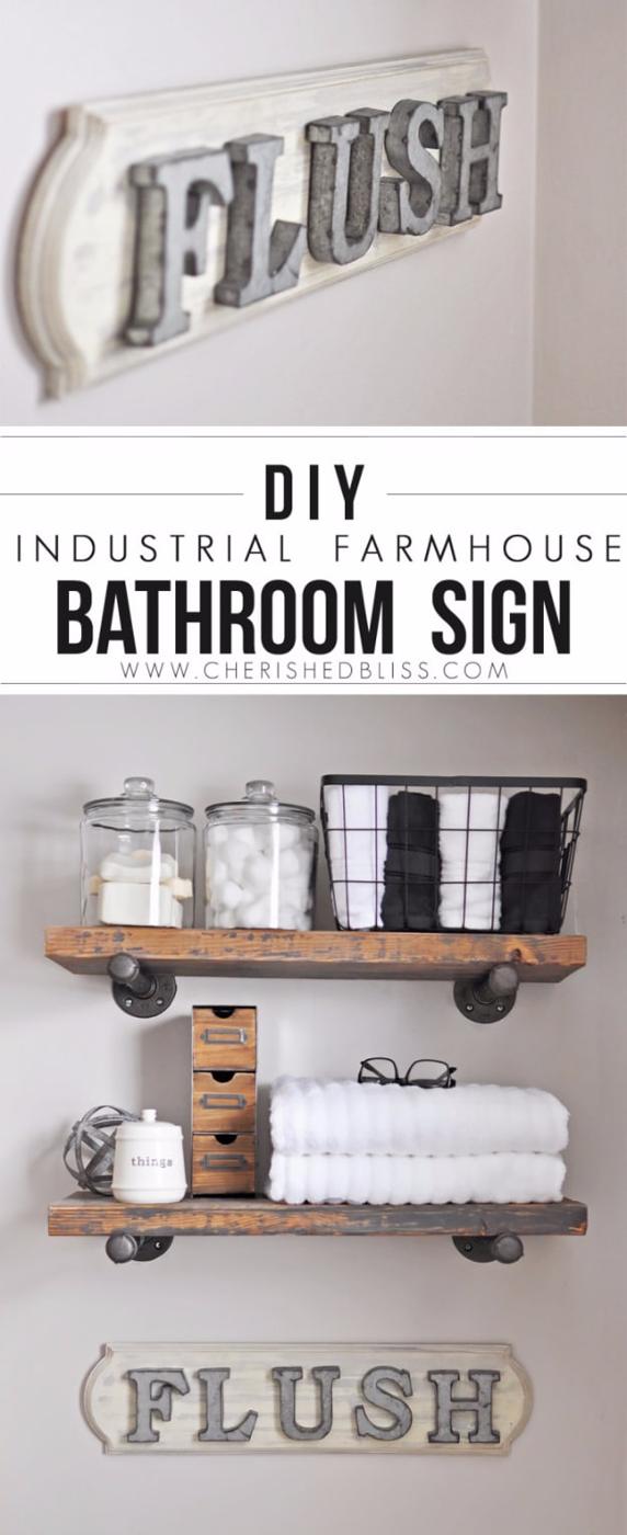 DIY Farmhouse Bathroom and Home Decor Ideas - DIY Industrial Farmhouse Bathroom Sign - Rustic Ideas for Furniture, Paint Colors, Farm House Decoration for Living Room, Kitchen and 