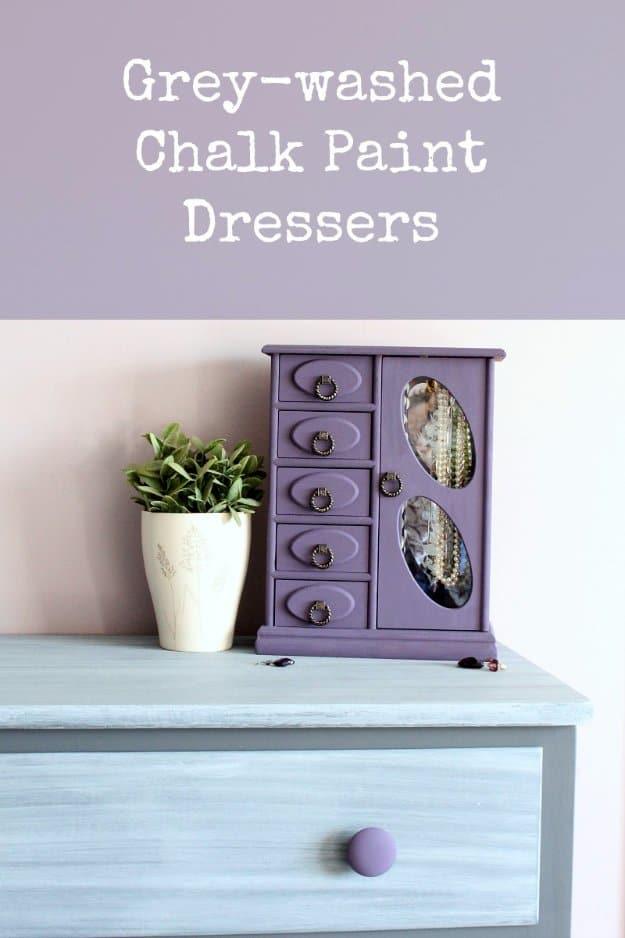 Grey washed chalk paint dressers graphic with a purple painted jewelry box sitting on a pale grey washed dresser