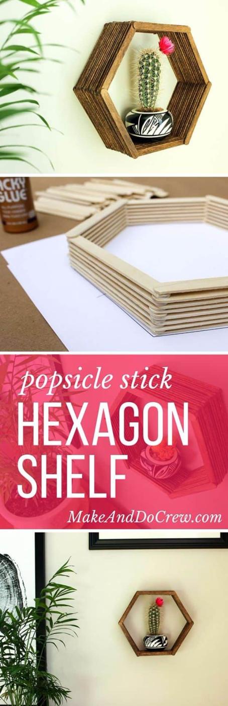 Hexagon shelf built from stacked craft sticks mounted on a wall holding a small potted plant, with build stages