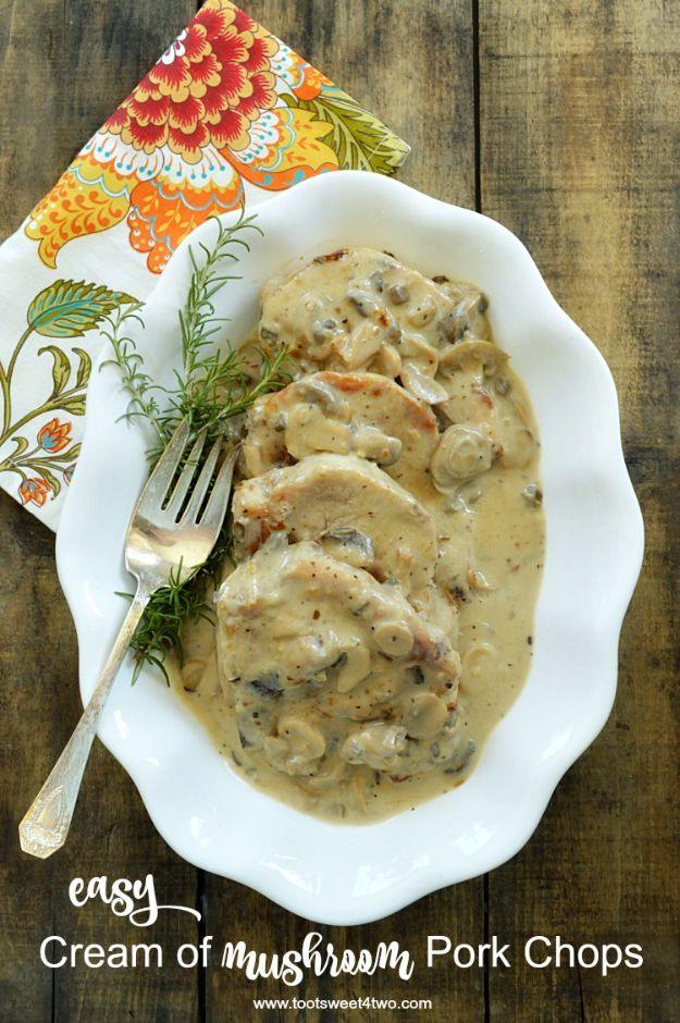 Bone-in chops simmered in a creamy canned mushroom gravy, served in a white scalloped baking dish with rosemary