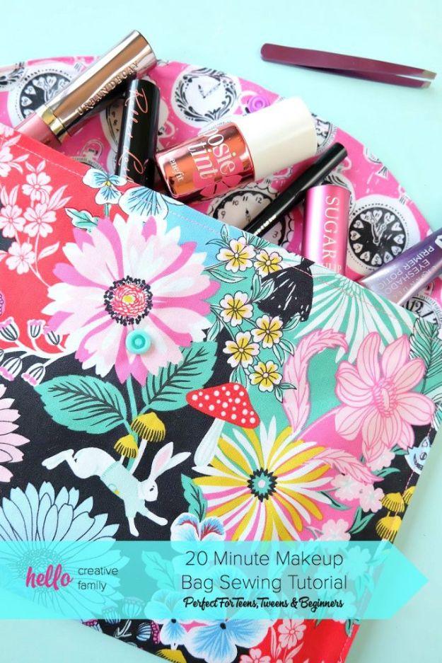 Makeup bag in a bright floral fat quarter with a teal snap, spilling makeup, under a typeset tutorial banner