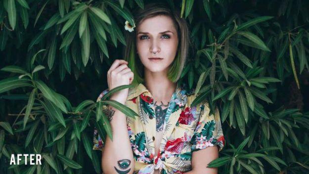 Use trees in portraits, a woman in a floral shirt standing against dense green foliage under a typeset AFTER label