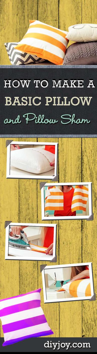 How to make a basic pillow and pillow sham, a home sewing project collage with orange and white striped pillows