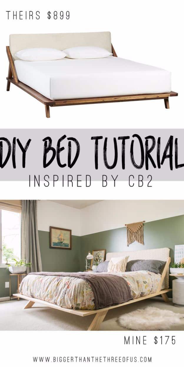 Two panel graphic comparing an $899 store bed above and a $175 handmade mid century bed below, with typeset DIY Bed Tutorial