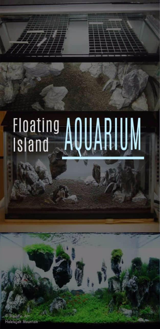 DIY aquarium floating island with mossy rocks suspended above a green planted carpet in a dark lit tank