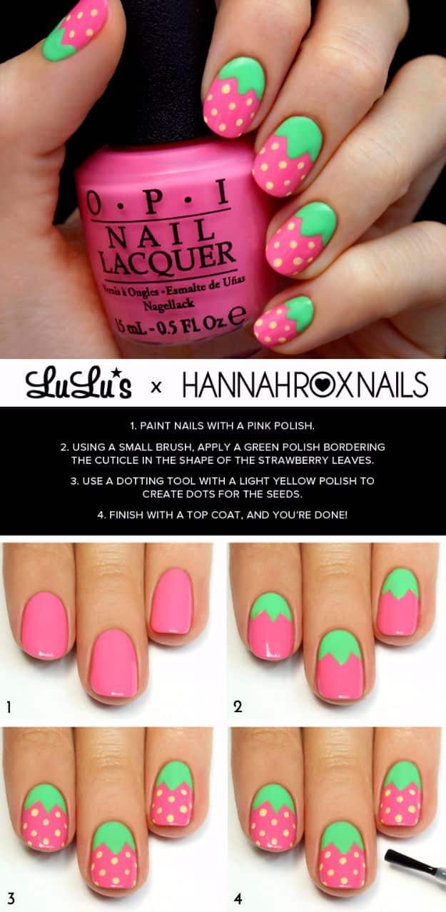Pink Strawberry Nail Art, an easy pattern beginners can copy at home and a pretty look that only needs polish you already own